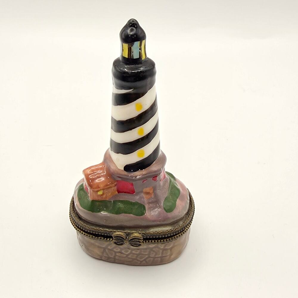 Lighthouse Trinket Box Black White Striped Hinged Ocean Sea Nautical Pill Jewelr